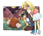  1boy 1girl backpack blonde_hair blue_eyes clefairy clouds fireflies grass green_eyes hat kneeling leaning_forward lillie_(pokemon) male_protagonist_(pokemon_sm) moon mountain night pokemon pokemon_(creature) pokemon_(game) pokemon_sm ponytail shoes smile striped_shirt tagme 