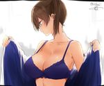  artist_name asymmetrical_hair bare_shoulders blue_bra bra breasts brown_eyes brown_hair cleavage collarbone eyebrows_visible_through_hair isshiki_(ffmania7) kaga_(kantai_collection) kantai_collection large_breasts long_sleeves looking_to_the_side open_clothes profile short_hair side_ponytail signature solo strap_gap underwear undressing upper_body wide_sleeves 