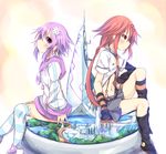  blush city d-pad d-pad_hair_ornament hair_ornament hairclip hinata_yuu_(atelierhinata) long_hair miniature multiple_girls neptune_(choujigen_game_neptune) neptune_(series) purple_eyes purple_hair red_hair short_hair smile striped striped_legwear tennouboshi_uzume twintails 