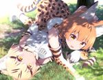  :&lt; :d animal_ears bare_shoulders blonde_hair blurry blush bow bowtie cat_ears cat_tail dappled_sunlight day depth_of_field elbow_gloves eyebrows_visible_through_hair fang gloves grass haribote_(tarao) kemono_friends looking_at_viewer lying lying_on_person md5_mismatch multicolored_hair multiple_girls on_back on_stomach open_mouth outdoors paw_pose sand_cat_(kemono_friends) serval_(kemono_friends) serval_ears serval_print serval_tail shade shirt short_hair skirt sleeveless smile streaked_hair sunlight tail thighhighs tree_shade white_shirt yellow_eyes 