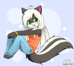  2017 anthro clothed clothing cute devil-vox digital_media_(artwork) female fur hair happy mammal multicolored_fur open_mouth skunk smile white_fur white_hair young 