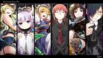  5girls :d ;d adjusting_clothes ascot black_hair blonde_hair blue_eyes brown_eyes brown_hair butler closed_eyes closed_mouth column_lineup commentary curly_hair dragon_girl dragon_horns dragon_tail dress_shirt electricity elma_(maidragon) fafnir_(maidragon) flower glasses gradient_hair hair_flower hair_ornament hair_over_one_eye hairband hat highres horns kanato_(aquariumest) kanna_kamui kobayashi-san_chi_no_maidragon kobayashi_(maidragon) lace lace-trimmed_thighhighs lavender_hair lipstick long_hair looking_at_viewer low_twintails maid maid_headdress makeup multicolored_hair multiple_girls necktie one_eye_closed open_mouth orange_eyes pince-nez ponytail quetzalcoatl_(maidragon) red_eyes red_neckwear scarf shirt short_hair slit_pupils smile sparkle tail thighhighs tie_clip tooru_(maidragon) twintails 