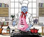  alcohol anthro apron beverage billmund chef_hat clothed clothing feline food hat knife leopard looking_at_viewer male mammal smile snow_leopard solo standing 