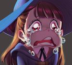  bangs blunt_bangs brown_hair crying crying_with_eyes_open derivative_work dylean face freckles half_updo hat hood hoodie kagari_atsuko little_witch_academia open_mouth red_eyes school_uniform screencap_redraw short_ponytail solo tears watery_eyes wavy_mouth witch_hat 