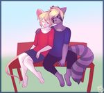  2017 anthro bench blonde_hair blush box-cat clothed clothing cute duo front_view fully_clothed fur hair lynn_white male male/male mammal mouse pants raccoon rodent romantic_couple shirt simple_background sitting sleeping smile white_fur 