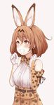  animal_ears bare_shoulders blush bow bowtie commentary_request elbow_gloves extra_ears eyebrows_visible_through_hair gloves grin hachikuji hands_up high-waist_skirt kemono_friends light_brown_eyes light_brown_hair looking_to_the_side serval_(kemono_friends) serval_ears serval_print shirt short_hair simple_background skirt sleeveless smile solo teeth upper_body 