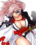  &gt;:) amputee baiken breasts cleavage collarbone commentary_request cowboy_shot grin guilty_gear guilty_gear_xrd japanese_clothes katana kimono large_breasts long_hair long_sleeves looking_at_viewer obi one-eyed onsoku_maru pink_hair ponytail red_eyes sash scar scar_across_eye sheath sheathed smile solo sword v-shaped_eyebrows weapon wide_sleeves 