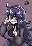  ahoge al_bhed_eyes bespectacled breasts chichibu_(chichichibu) dress glasses hairband hex_maniac_(pokemon) large_breasts long_hair looking_at_viewer messy_hair nail_polish npc_trainer open_mouth pokemon pokemon_(game) pokemon_xy purple_eyes purple_hair purple_hairband signature smile solo turtleneck v very_long_hair 