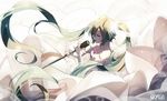  bai_yemeng closed_eyes dress floating_hair green_hair hatsune_miku long_hair microphone microphone_stand music open_mouth singing solo twintails very_long_hair vocaloid white_dress 