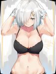  arms_up bare_shoulders black_bra black_panties blue_eyes bra breasts gloves hair_flip hair_over_one_eye half-closed_eyes hamakaze_(kantai_collection) isshiki_(ffmania7) kantai_collection large_breasts looking_at_viewer navel panties signature silver_hair solo stomach twitter_username underwear underwear_only white_gloves 