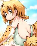  animal_ears bare_shoulders bow bowtie breasts elbow_gloves gloves huge_breasts kemono_friends serval_(kemono_friends) serval_ears serval_print short_hair sideboob smile tsukasawa_takamatsu 