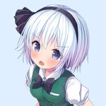  :o black_bow black_hairband blue_background blush bow bowtie frown hairband jan_(janpx2012) konpaku_youmu open_mouth puffy_short_sleeves puffy_sleeves short_hair short_sleeves simple_background solo touhou upper_body v-shaped_eyebrows vest white_hair 