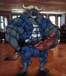  anthro big_muscles big_penis bovine buffalo chief_bogo clothing disney huge_penis male mammal muscular penis rackun solo torn_clothing zootopia 