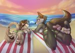  2017 anthro beach big_breasts big_butt blush breasts butt canine clothed clothing cloud female invalid_tag looking_back mammal meerkat mongoose panties pawpads potionmastercernun raised_tail sand seaside side_boob size_difference sky smile stripes topless towel underwear water wolf 