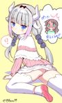  2girls ? bangs beads blue_eyes blunt_bangs blush check_translation dragon_girl dragon_horns full-face_blush hair_beads hair_ornament hairband horns kanna_kamui kobayashi-san_chi_no_maidragon long_hair looking_at_viewer low_twintails multiple_girls open_mouth panties pantyshot pikazo saikawa_riko signature silver_hair simple_background sketch spoken_question_mark thighhighs translation_request twintails twitter_username underwear white_legwear white_panties 