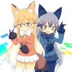  animal_ears ayakashi_(monkeypanch) black_bow black_hair blonde_hair blush bow bowtie ezo_red_fox_(kemono_friends) fox_ears fox_shadow_puppet fox_tail gloves highres jacket kemono_friends long_hair multiple_girls pantyhose silver_fox_(kemono_friends) tail 