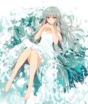  barefoot blush dress grey_hair highres interlocked_fingers long_hair looking_at_viewer original red_eyes ronopu smile solo water waves white_dress 