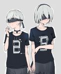  1girl alternate_costume black_shirt blindfold blush choker clothes_writing commentary couple embarrassed grey_background grey_hair hairband headband hetero highres holding_hands interlocked_fingers looking_away nier_(series) nier_automata scratching_cheek shirt short_hair sweat t-shirt walzrj white_hair yorha_no._2_type_b yorha_no._9_type_s 