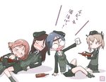  adachi_fumio alcohol azumi_(girls_und_panzer) beret blue_hair breasts brown_hair cleavage commentary_request cup drunk fogged_glasses girls_und_panzer glasses hat long_hair megumi_(girls_und_panzer) military military_uniform multiple_girls necktie necktie_on_head orange_hair rumi_(girls_und_panzer) selection_university_military_uniform shimada_arisu small_breasts sweatdrop translated uniform 