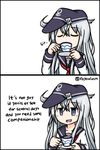  2koma anchor artist_name black_border blue_eyes border closed_eyes comic cup english flat_cap hat hibiki_(kantai_collection) highres holding holding_cup implied_yuri kantai_collection long_hair necktie open_mouth raythalosm red_neckwear school_uniform silver_hair sipping smile teacup truth twitter_username 