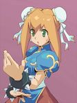  blonde_hair bracelet bun_cover capcom china_dress chinese_clothes chun-li chun-li_(cosplay) company_connection cosplay double_bun dress fighting_stance green_eyes jewelry long_hair muu_(mumumer) pantyhose rockman rockman_dash roll_caskett solo spiked_bracelet spikes street_fighter 