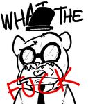  2017 alec8ter angus_(nitw) anthro bear clothed clothing dialogue english_text eyewear glasses hat male mammal necktie night_in_the_woods open_mouth reaction_image restricted_palette simple_background solo text white_background yelling 