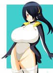  abstract_background black_footwear black_hair black_jacket boots breasts brown_eyes emperor_penguin_(kemono_friends) hair_over_one_eye headphones highleg highleg_leotard highres huge_breasts jacket kemono_friends leotard long_hair looking_at_viewer multicolored_hair open_clothes open_jacket simple_background sitting smile suhey345 thighhighs thighs white_legwear white_leotard 
