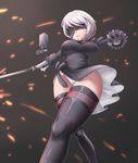  2017 batazungharn black_blindfold black_dress blindfold dated dress expressionless feather-trimmed_sleeves from_below grey_hair highres leotard nier_(series) nier_automata pod_(nier_automata) short_hair solo sword thighhighs thighs weapon yorha_no._2_type_b 