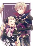  1girl armor black_armor black_gloves blonde_hair book bow brother_and_sister brynhildr_(tome) closed_eyes dress elise_(fire_emblem_if) fire_emblem fire_emblem_heroes fire_emblem_if fuzuki_yuu gloves hair_bow hairband hand_on_another's_head holding holding_book leon_(fire_emblem_if) long_hair multicolored_hair open_mouth purple_hair red_eyes short_hair siblings staff twintails 