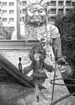  bad_id bad_pixiv_id bag beads building city greyscale japanese_clothes katou_fumitaka looking_at_viewer looking_up monk monochrome original prayer_beads rooftop rope solo staff standing standing_on_one_leg statue tabi tree 