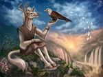  anthro avian beak bird cervine clothed clothing deer detailed_background duo eagle feral flashw fur grey_fur hooves horn mammal outside ring sitting sky smile sun waterfall 