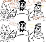  2015 animatronic anthro avian bear bib bird bonnie_(fnaf) bow_tie chica_(fnaf) chicken clothing comic dialogue english_text female five_nights_at_freddy&#039;s freddy_(fnaf) group hat human inkyfrog lagomorph machine male mammal pointing rabbit restricted_palette robot security_guard simple_background sweat text top_hat uniform video_games white_background 