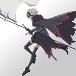  armor armored_dress black_legwear blonde_hair cape commentary_request fate/grand_order fate_(series) faulds flag from_side full_body fur_trim gauntlets headpiece highres jeanne_d'arc_(alter)_(fate) jeanne_d'arc_(fate)_(all) looking_at_viewer looking_to_the_side profile scabbard sheath sheathed short_hair solo sword tatsu_(tanishi_24) thighhighs torn_cape torn_clothes weapon yellow_eyes 