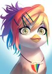  avian bakki beak bird eyelashes hair looing_at_viewer multicolored_hair rainbow_hair simple_background smile white_background 