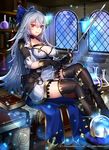  blue_eyes book boots bottle bow breasts cleavage company_name crossed_legs crystal_ball gloves grey_hair gyakushuu_no_fantasica heterochromia katagiri_hachigou lamp large_breasts long_hair official_art open_mouth potion red_eyes sitting solo sword thighhighs weapon window 