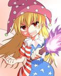  american_flag_dress blonde_hair clownpiece dress fairy_wings fire hat highres jester_cap long_hair looking_at_viewer mega_yukke middle_finger neck_ruff open_mouth polka_dot red_eyes short_dress short_sleeves solo star star_print striped teeth torch touhou wings 