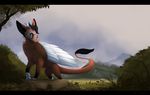  black_bars brown_fur day detailed_background dragon feathered_wings feathers fur grass kitchiki outside sky smile standing tree wings 