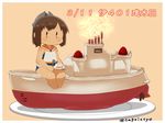  bare_legs brown_eyes brown_hair cake capriccyo chibi dated food fork fruit holding holding_fork i-401_(kantai_collection) kantai_collection oversized_object plate ponytail sailor_collar sailor_shirt school_swimsuit shirt short_hair sleeveless smile solo strawberry submarine swimsuit watercraft 