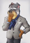  anthro billmund canine cigarette clothed clothing fur male mammal scarf simple_background solo 