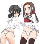  abenattou ass black_eyes black_hair blush breasts brown_eyes brown_hair covered_nipples fundoshi girls_und_panzer glasses groin japanese_clothes large_breasts multiple_girls navel ooarai_school_uniform oryou_(girls_und_panzer) saemonza school_uniform small_breasts thighhighs 