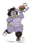  2016 anthro beverage big_breasts black_hair breasts burger cat catty_(undertale) chest_tuft clothing eyelashes fangs feline female food footwear fur hair legwear mammal mangneto multicolored_hair overalls overweight platter purple_fur purple_hair shoes simple_background smile socks soda solo thick_thighs tuft two_tone_hair undertale video_games white_background yellow_eyes 