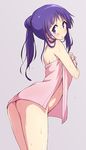  ass blush highres hinata_yukari mel_(melty_pot) naked_towel ponytail purple_eyes purple_hair simple_background solo towel wet yuyushiki 