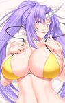  bare_arms bare_shoulders bikini blush breasts cleavage collarbone commentary_request high_ponytail horn huge_breasts long_hair lying navel on_back original parted_lips purple_eyes purple_hair shuugetsu_karasu smile solo stomach swimsuit untied untied_bikini upper_body yellow_bikini 