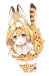  :d animal_ears blonde_hair bow bowtie breasts commentary_request jpeg_artifacts kemono_friends medium_breasts nakayama_miyuki open_mouth paw_pose serval_(kemono_friends) serval_ears serval_tail simple_background skirt smile solo tail thighhighs v-shaped_eyebrows white_background yellow_eyes zettai_ryouiki 
