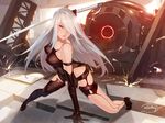  absurdres bare_shoulders doll_joints elbow_gloves gloves hair_over_one_eye highres katana long_hair nier_(series) nier_automata silver_eyes single_thighhigh solo sword thighhighs waterring weapon white_hair yorha_type_a_no._2 