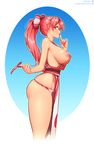  between_breasts bow breasts clothes_between_breasts cosplay fatal_fury finger_to_mouth from_side green_eyes hair_bow highres large_breasts long_hair neocoill nipples obi ofuda original panties pelvic_curtain perky_breasts pink_hair ponytail sash shiranui_mai shiranui_mai_(cosplay) shushing skindentation snk solo the_king_of_fighters thick_thighs thighs underwear 