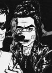  ambiguous_gender anthro billmund canine clothed clothing disney facial_hair goofy_(disney) group humanoid looking_at_viewer male mammal monochrome mustache smile 
