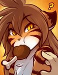  ? anthro brown_hair chest_tuft chicken_leg disembodied_hand feline flora_(twokinds) food_in_mouth fur gradient_background hair human keidran mammal meat orange_background orange_fur simple_background solo_focus striped_fur stripes suspicious tiger tom_fischbach tuft twokinds white_fur yellow_eyes 