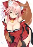  animal_ears bare_shoulders bell bell_collar black_legwear blush bow breast_hold breasts cleavage collar fate/grand_order fate_(series) fox_ears fox_tail hair_bow highres large_breasts long_hair looking_at_viewer nebusoku open_mouth paws pink_hair short_hair signature simple_background solo tail tamamo_(fate)_(all) tamamo_cat_(fate) thighhighs yellow_eyes 