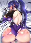  absurdres ahegao akiyama_rinko ass backless_outfit bent_over blue_hair blush bodysuit breasts cameltoe commentary_request from_behind highres large_breasts long_hair nose_blush on_bed open_mouth pee peeing peeing_self pink_eyes ponytail saliva skin_tight skindentation solo sweat taimanin_(series) taimanin_suit taimanin_yukikaze takanotsume tears torn_bodysuit torn_clothes 